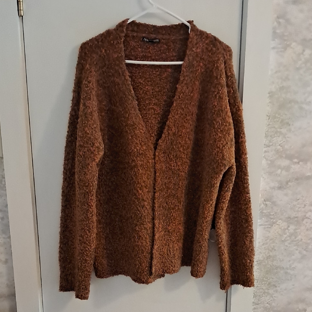 Zara Orange & Green Fuzzy Cardigan Sweater